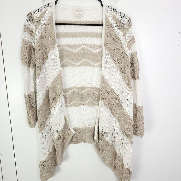 Chicos Sweater Womens S 0 Loose Open Knit Neutrals Stripes Sequins Beachy Light - Picture 1 of 11